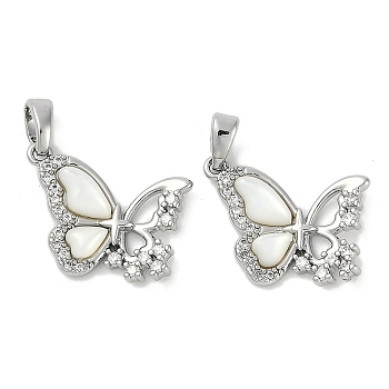 Brass Pave Natural White Shell Butterfly Pendants, Clear Cubic Zirconia Butterfly Charms, Platinum, 14x17.5x3mm, Hole: 5x2.5mm