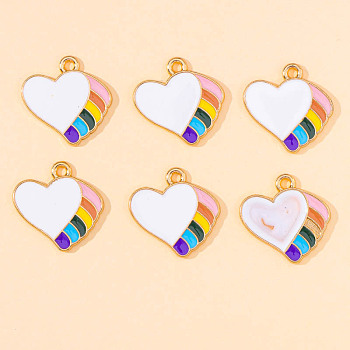Alloy Enamel Pendants, Heart with Rainbow Charm, Golden, White, 18x18mm