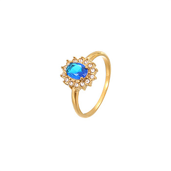 Cubic Zirconia Oval Finger Ring, Golden Stainless Steel Finger Ring, Blue, US Size 8(18.1mm)