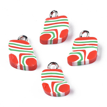 Handmade Polymer Clay Charms, with Platinum Tone Iron Loop, Christmas Stocking, Red, 12~13x9.5~11x4mm, Hole: 2mm