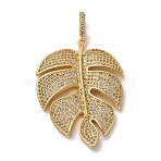 Brass Micro Pave Cubic Zirconia Pendants, Monstera Leaf Charms, Rack Plating, Lasting Plated, Cadmium Free & Lead Free, Real 18K Gold Plated, 41.5x31x4mm, Hole: 4x5.5mm(KK-U076-07G)