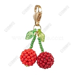 Cherry Glass Seed Beads Pendant Decorations, with 304 Stainless Steel Lobster Claw Clasps, Golden, 44.5mm(HJEW-SZ00030)