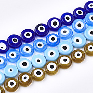 Handmade Evil Eye Lampwork Beads Strands, Flat Round, Mixed Color, 11~13x4~5mm, Hole: 1.2mm, about 31~33pcs/strand, 14.1 inch~15.3 inch(LAMP-S191-02D-M)