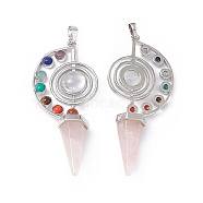 7 Chakra Natural Rose Quartz Big Pendants, Faceted Cone Charms, with Platinum Tone Brass Findings, 69x30x13mm, Hole: 5mm(G-F733-02B)