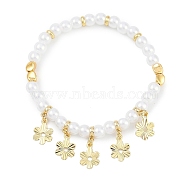 Rack Plating Brass Stretch Bracelets, with ABS Imitation Pearl Beads, Cadmium Free & Lead Free, Long-Lasting Plated, Flower, Inner Diameter: 2 inch(5.1cm)(BJEW-P341-10D-G)