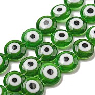 Handmade Evil Eyes Lampwork Beads Strands, Flat Round, Green, 12x5.5mm, Hole: 0.6mm, about 33pcs/strand, 15.55''(39.5cm)(LAMP-H001-11B-03)