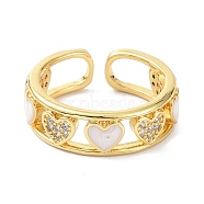 Heart Real 18K Gold Plated Cuff Rings for Girl Women Gift, Brass Micro Pave Cubic Zirconia Open Rings for Valentine's Day, White, US Size 7 1/4(17.5mm)(ZIRC-C021-11G)