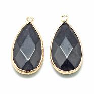 Natural White Jade Pendants, with Golden Tone Brass Findings, Faceted, teardrop, Dyed, Black, 32.5~33x16x6mm, Hole: 2.5mm(G-S221-05G)