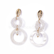 (Jewelry Parties Factory Sale)Shell Pearl Dangle Stud Earrings, with Plastic and Brass Findings, Flat Round, Golden, 83~85mm, Pin: 0.6mm, Pendant: 63~66x39.5x10mm(EJEW-F206-19G)