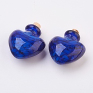 Handmade Lampwork Perfume Bottle Pendants, Essential Oil Bottle, Heart, Blue, 32.5mm, Hole: 5mm, Bottle Capacity: 0.5~1ml(0.017~0.03 fl. oz)(LAMP-P044-F01)