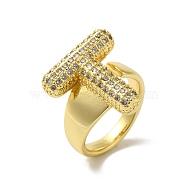 Letter Brass Micro Pave Clear Cubic Zirconia Open Cuff Ring for Women, Real 18K Gold Plated, Letter T, 19.5x18.5mm, US Size 6(16.5mm)(RJEW-N046-03T-G)