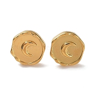 Ion Plating(IP) 304 Stainless Steel Flat Round with Moon Ear Studs for Women, Real 18K Gold Plated, 13x12.5mm(EJEW-P234-15G)