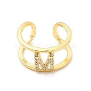 Clear Cubic Zirconia Initial Letter Open Cuff Ring, Real 18K Gold Plated Brass Double Line Ring for Women, Lead Free & Cadmium Free, Letter.M, US Size 6(16.5mm)(RJEW-A012-01G-M)