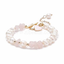 Natural Rose Quartz & Pearl Beaded Bracelet with Alloy Enamel Heart Charms, Gemstone Jewelry for Women, Golden, 7-5/8 inch(19.4cm)(BJEW-JB08039-01)