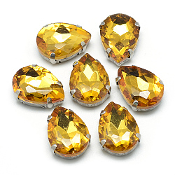 Sew on Rhinestone, Multi-strand Links, Glass Rhinestone, with 201 Stainless Steel Prong Settings, Garments Accessories, Faceted, teardrop, Gold, 14x10x6mm, Hole: 0.8~1mm(RGLA-T035-10x14mm-22)