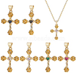 CHGCRAFT 6Pcs 6 Colors Cross with Flower Brass Micro Pave Cubic Zirconia Pendants, Cadmium Free & Nickel Free & Lead Free, Real 18K Gold Plated, Mixed Color, 25.5x18.5x3mm, Hole: 3.5x5mm, 1pc/color(KK-CA0002-15)