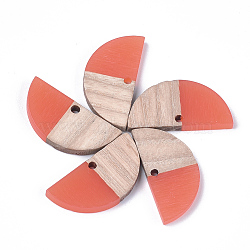 Resin & Wood Semi Circle Pendants, Half Round, Coral, 14x28x3~3.5mm, Hole: 2mm(RESI-S358-54A)
