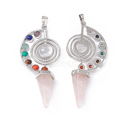 7 Chakra Natural Rose Quartz Big Pendants, Faceted Cone Charms, with Platinum Tone Brass Findings, 69x30x13mm, Hole: 5mm(G-F733-02B)