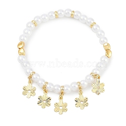 Rack Plating Brass Stretch Bracelets, with ABS Imitation Pearl Beads, Cadmium Free & Lead Free, Long-Lasting Plated, Flower, Inner Diameter: 2 inch(5.1cm)(BJEW-P341-10D-G)