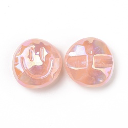 Rainbow Iridescent Plating Acrylic Beads, Glitter Beads, Flat Round with Smiling Face Pattern, Light Salmon, 32x32x14.5mm, Hole: 3.5mm(OACR-A010-05A)