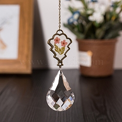 Crystal Glass Sun Catcher, Embedded Pressed Flower Hanging Pendant Prism, Window Ornament Decoration, Teardrop, 235x50mm(PW-WGEA6D0-01)