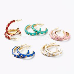 Brass Enamel Half Hoop Earrings, Letter C Shape with Star, Golden, Mixed Color, 19.5x2.5mm, Pin: 0.6mm(EJEW-L234-046)
