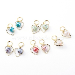 Brass Huggie Hoop Earrings, with Lampwork Round Beads and Alloy Pendants, Textured Heart, Golden, Mixed Color, 41mm, Pin: 0.7mm(EJEW-JE04465)