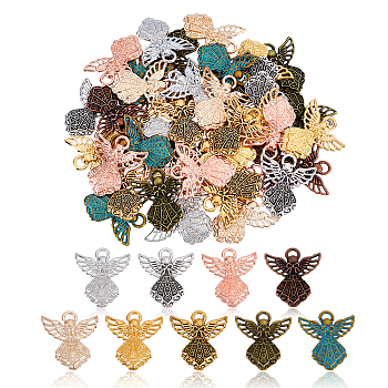 54Pcs 9 Styles Tibetan Style Alloy Pendants, Angel Charms, Mixed Color, 26x23x2~2.5mm, Hole: 2x3.5mm, 6pcs/color