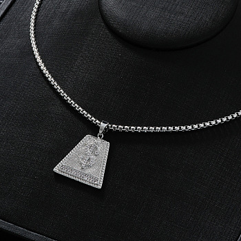 Brass Full Clear Cubic Zirconia Dollar Sign Trapezoid Pendant Box Chain Necklaces, Platinum, 23.62 inch(60cm)