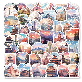 50Pcs Travel Theme PVC Self-Adhesive Stickers, Waterproof Decals, for DIY Albums Diary, Laptop Decoration Cartoon Scrapbooking, Building, 40~60mm