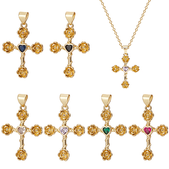 CHGCRAFT 6Pcs 6 Colors Cross with Flower Brass Micro Pave Cubic Zirconia Pendants, Cadmium Free & Nickel Free & Lead Free, Real 18K Gold Plated, Mixed Color, 25.5x18.5x3mm, Hole: 3.5x5mm, 1pc/color