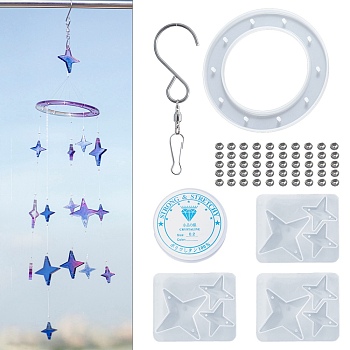 DIY Star Wind Chime Making Kits, including 4Pcs Silicone Molds, 44Pcs Brass Beads, 1Pc Stainless Steel S Hooks, 1 Roll Crystal Thread, White, Star Mold: 54x65x6mm, Hole: 1.7~2mm, Inner Diameter: 28x28mm & 48x48mm