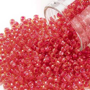 TOHO Round Seed Beads, Japanese Seed Beads, (979) Luminous Light Topaz/Neon Pink Lined, 8/0, 3mm, Hole: 1mm, about 1110pcs/50g
