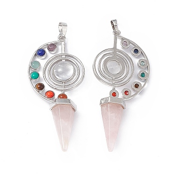 7 Chakra Natural Rose Quartz Big Pendants, Faceted Cone Charms, with Platinum Tone Brass Findings, 69x30x13mm, Hole: 5mm