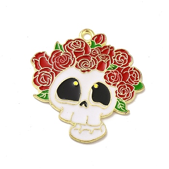 Halloween Alloy Enamel Pendants, Light Gold, Skull with Rose Charm, Red, 31x29x1.5mm, Hole: 2mm