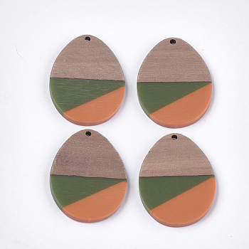 Tri-color Resin & Walnut Wood Pendants, teardrop, Colorful, 37.5x28x3mm, Hole: 2mm