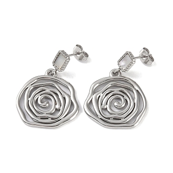 Flower 304 Stainless Steel Shell Stud Earrings, Dangle Earrings for Women, Stainless Steel Color, 32x22.5mm