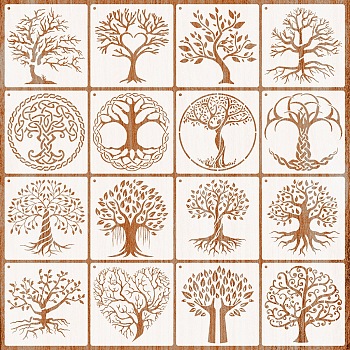 16Pcs Tree PET Plastic Hollow Painting Silhouette Stencil, DIY Drawing Template Graffiti Stencils, Chocolate, 150x150mm