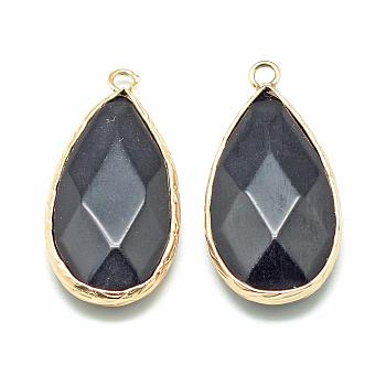 Natural White Jade Pendants, with Golden Tone Brass Findings, Faceted, teardrop, Dyed, Black, 32.5~33x16x6mm, Hole: 2.5mm