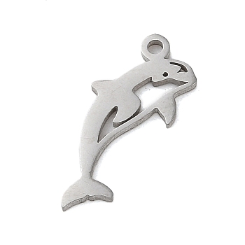 Non-Tarnish 304 Stainless Steel Charms, Laser Cut, Dolphin Charm, Stainless Steel Color, 16.5x7x1mm, Hole: 1.2mm