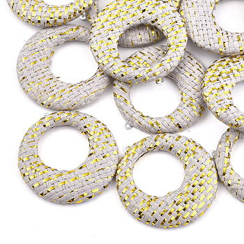 Handmade Raffia Woven Pendants, with Iron & Aluminum Findings and Metallic Cord, Flat Round, Platinum, Light Grey, 43.5x40.5x5mm, Hole: 1.2mm