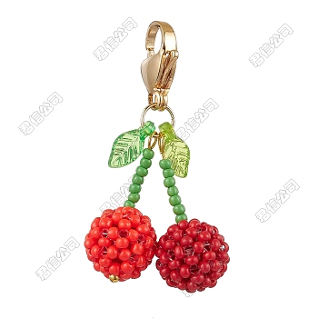 Cherry Glass Seed Beads Pendant Decorations, with 304 Stainless Steel Lobster Claw Clasps, Golden, 44.5mm