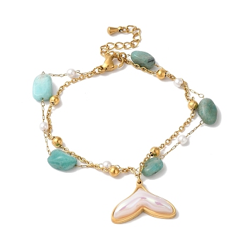 Summer Beach Nuggets Natural Amazonite & Imitation Pearl Multi-Strand Bracelets, Whale Tail Ion Plating(IP) 304 Stainless Steel Resin Charm Bracelets for Women Men, Golden, 6-1/2 inch(16.4cm)