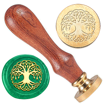 Wax Seal Stamp Set, Golden Tone Sealing Wax Stamp Solid Brass Head, with Retro Wood Handle, for Envelopes Invitations, Gift Card, Tree of Life, 83x22mm, Stamps: 25x14.5mm