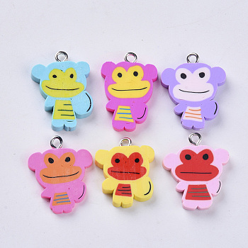 Handmade Polymer Clay Pendants, with Platinum Plated Iron Loops, Monkey, Mixed Color, 21~24x16.5~19x2.5~4mm, Hole: 1.8mm