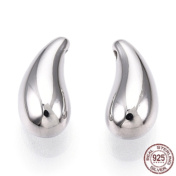 Rhodium Plated 925 Sterling Silver Charms, Teardrop Charms, Nickel Free, with S925 Stamp, Real Platinum Plated, 12x5.5x5.5mm, Hole: 1mm
