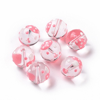 Handmade Lampwork Beads, Round with Mushroom, Pink, 11.5mm, Hole: 1.5mm