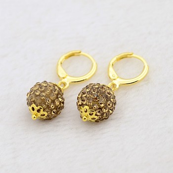(Jewelry Parties Factory Sale)Dangling Round Ball Resin Rhinestone Earrings, with Golden Plated Brass Leverback Hoop Earring Settings, Lt.Col.Topaz, 30mm, Pin: 1mm