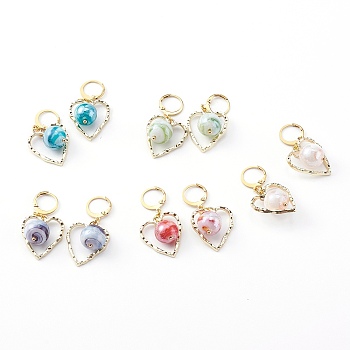 Brass Huggie Hoop Earrings, with Lampwork Round Beads and Alloy Pendants, Textured Heart, Golden, Mixed Color, 41mm, Pin: 0.7mm