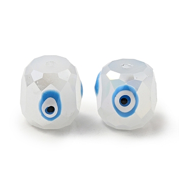 Opaque Glass Beads, with Enamel, Faceted, Drum with Evil Eye Pattern, Deep Sky Blue, 10.5x10.5mm, Hole: 1.6mm